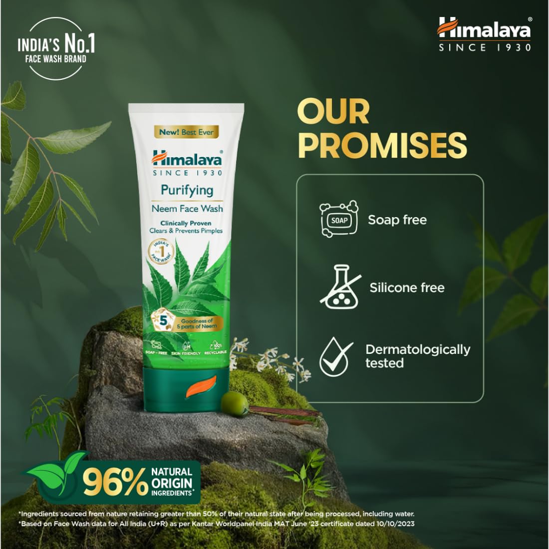 Himalaya Purifying Neem Face Wash|Clears and Prevents Pimples & Acne|Made with 5 parts of Neem|New & Best Ever clinically Proven formula|Gently Cleanses|For men and women|150 ml