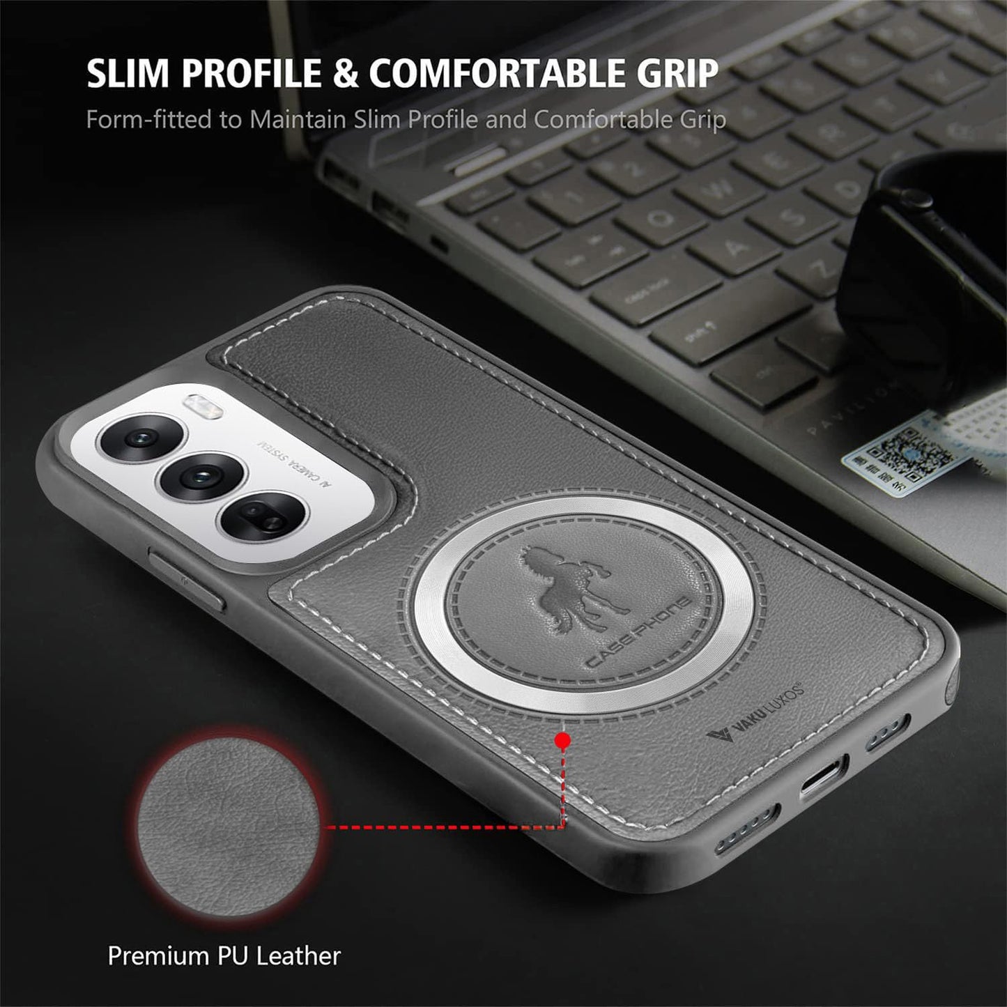 Vaku Luxos® Astrid Back Cover Case for Oppo Reno12 5G Leather Stitched Magnetic Magsafe Wireless Charging TPU Phone Case Camera Screen Protector- Grey