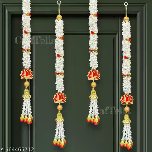 The CrafTella Lotus Hanging 4 Pcs -30 INCH| Floral Wall Hangings, Temple Decoration Items, Backdrop for Pooja Decor, Pooja Room Decorate Items| Diwali Decorative Items |Offwhite - Fabric |