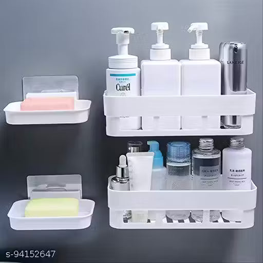 SHOPITECH Bathroom Shelf Wall Mounted Bathroom Kitchen No Drill Storage Rack Super Adhesive Bathroom Shower Organizer Rack Shelf (2 Bathroom Shelf + 2 Soap Shelf Plastic Wall Shelf (Number of Shelves -4, White)