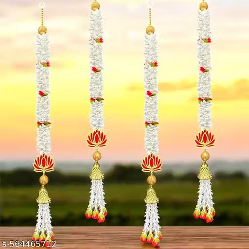 The CrafTella Lotus Hanging 4 Pcs -30 INCH| Floral Wall Hangings, Temple Decoration Items, Backdrop for Pooja Decor, Pooja Room Decorate Items| Diwali Decorative Items |Offwhite - Fabric |