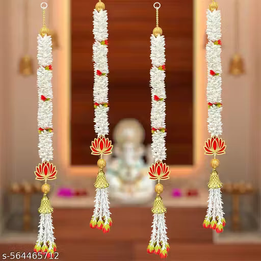 The CrafTella Lotus Hanging 4 Pcs -30 INCH| Floral Wall Hangings, Temple Decoration Items, Backdrop for Pooja Decor, Pooja Room Decorate Items| Diwali Decorative Items |Offwhite - Fabric |