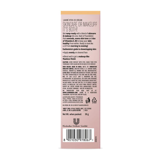 Lakme 9 to 5 CC Cream, 01 - Beige, Light Face Makeup with Natural Coverage, SPF 30 - Tinted Moisturizer to Brighten Skin, Conceal Dark Spots, 30 g