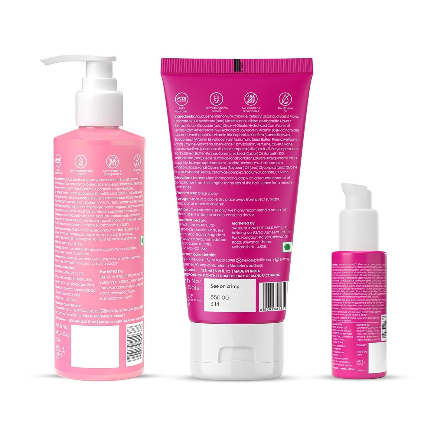 PLIX - THE PLANT FIX Hibiscus Frizz Control Hair Serum 50ml + Bond Repair Shampoo 200ml + Conditioner 175ml | Protects & Smoothes Frizzy Hair| 3x Strength with Fiberhance