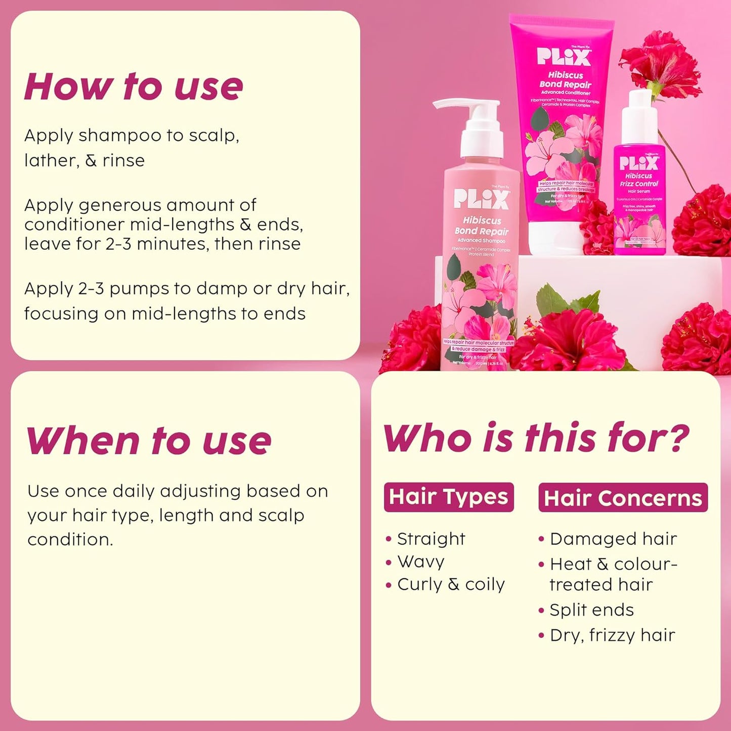 PLIX - THE PLANT FIX Hibiscus Frizz Control Hair Serum 50ml + Bond Repair Shampoo 200ml + Conditioner 175ml | Protects & Smoothes Frizzy Hair| 3x Strength with Fiberhance
