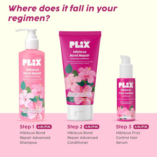 PLIX - THE PLANT FIX Hibiscus Frizz Control Hair Serum 50ml + Bond Repair Shampoo 200ml + Conditioner 175ml | Protects & Smoothes Frizzy Hair| 3x Strength with Fiberhance