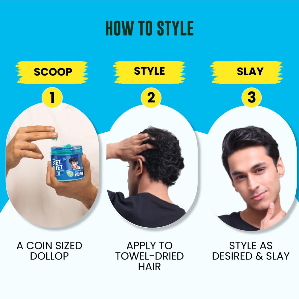 Set Wet Styling Hair Gel for Men - Casually Cool, 250gm | Medium Hold, High Shine | For Medium to Long Hair |No Alcohol, No Sulphate