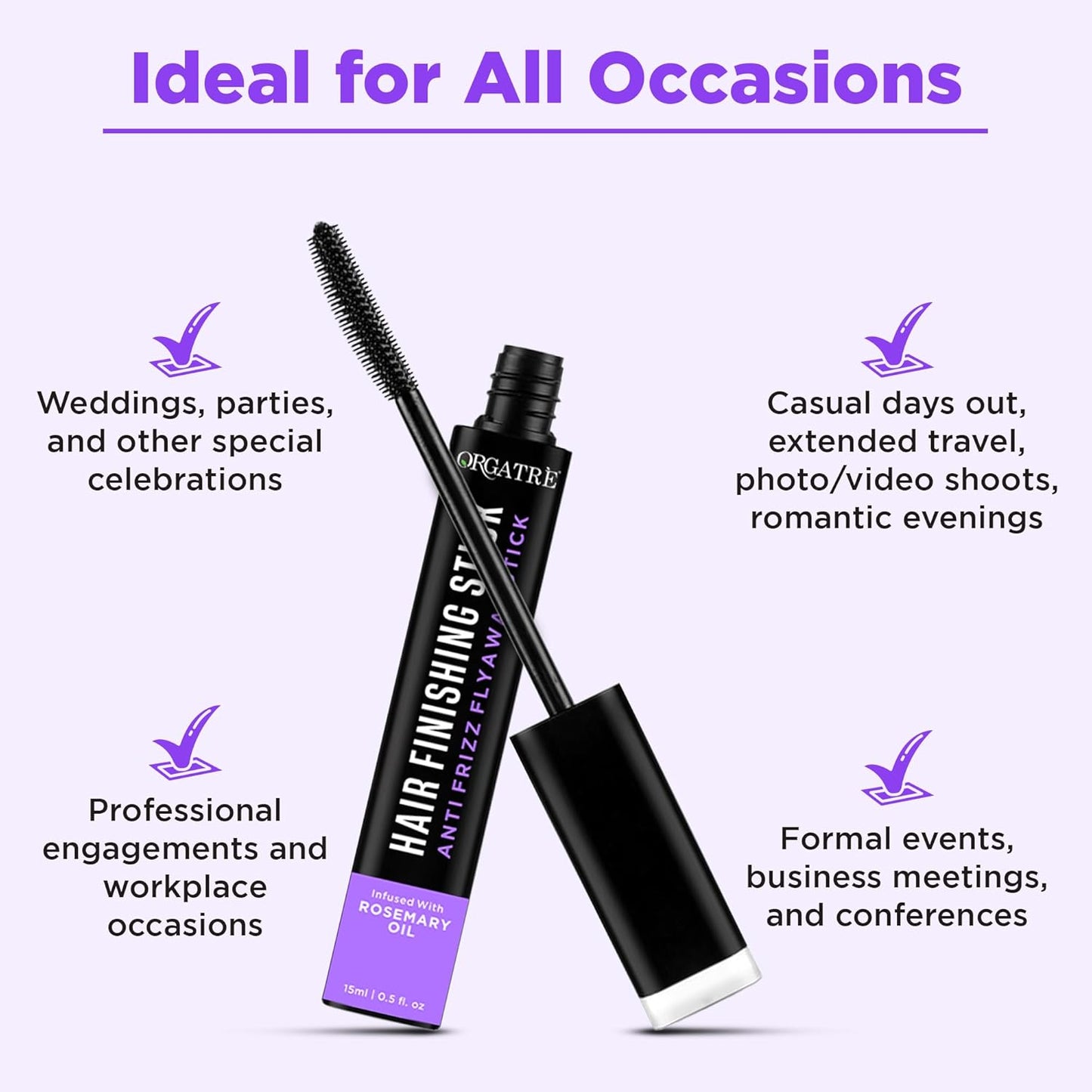 ORGATRE Frizz Free Hair Finishing Stick – Anti‑Frizz Hair Wax Wand for Flyaways, Non‑Sticky, Non‑Greasy Hold, Baby Hair Control & Edge Tamer, Rosemary Infused 15 ml