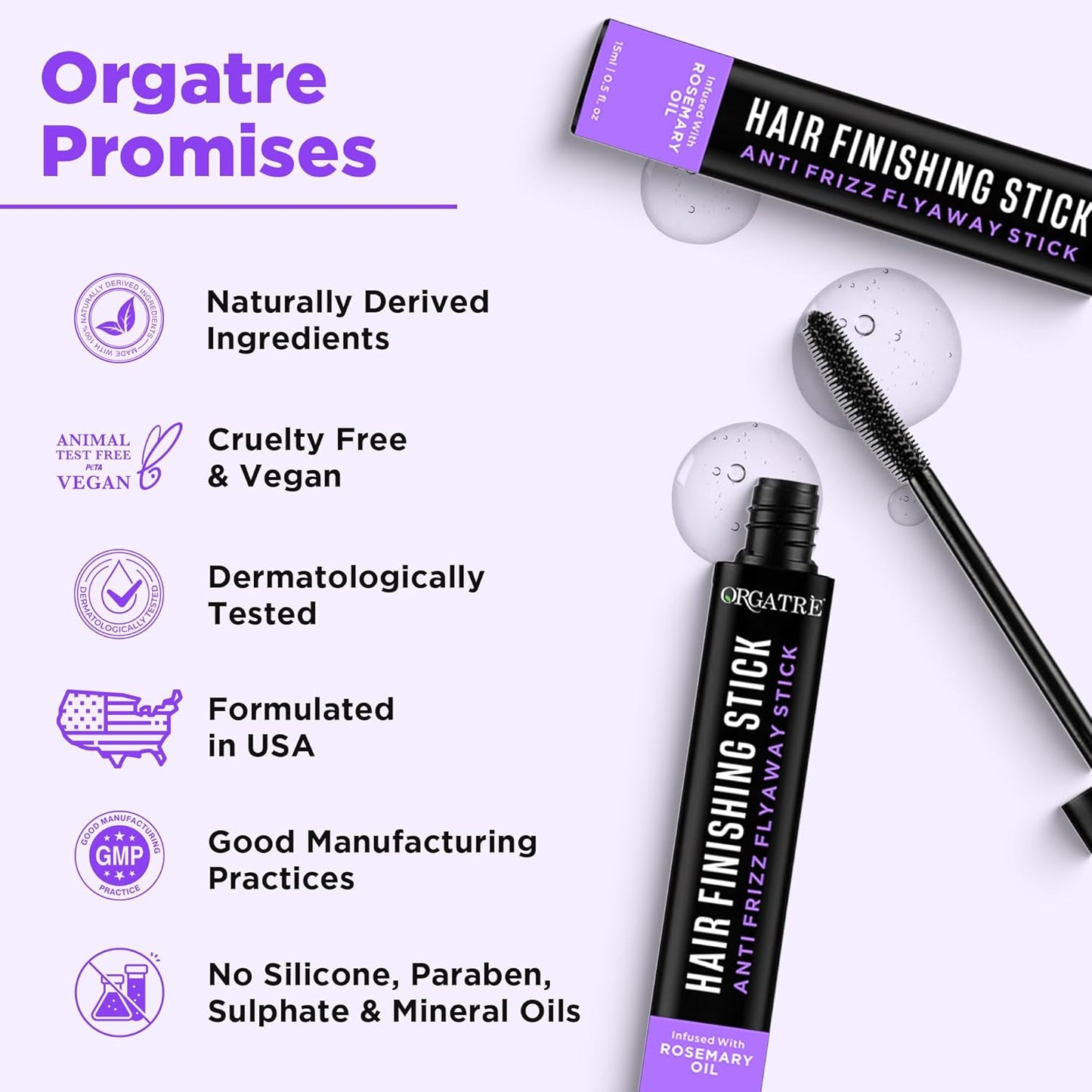 ORGATRE Frizz Free Hair Finishing Stick – Anti‑Frizz Hair Wax Wand for Flyaways, Non‑Sticky, Non‑Greasy Hold, Baby Hair Control & Edge Tamer, Rosemary Infused 15 ml
